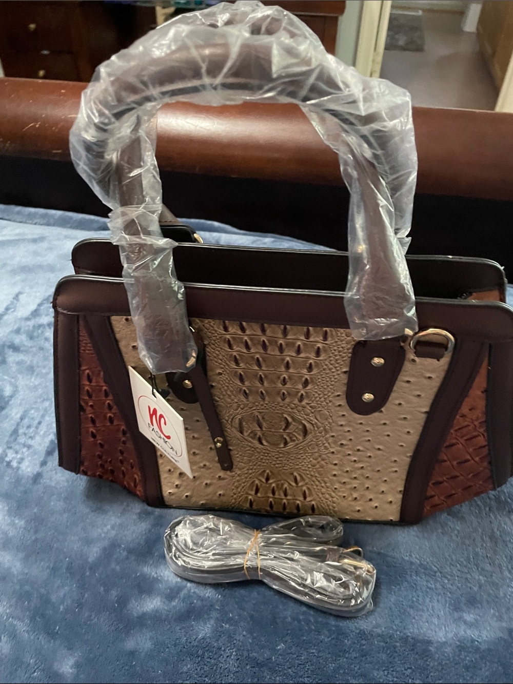Faux-Croc Structured Satchel in Brown and Tan